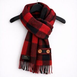 Patrick King Merino Wool Plaid Tartan Scarf - Red Black Button Loop